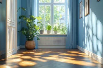 Sunlit hallway with wooden floor, indoor plants and framed art creating a cozy interior