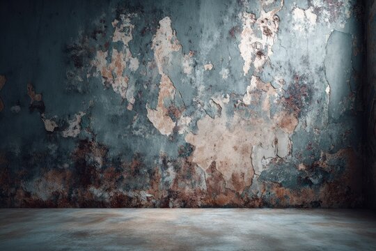 Dilapidated interior featuring a decaying blue and brown plastered wall, weathered concrete floor