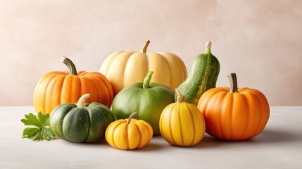 Obraz premium Vibrant Assortment of Pumpkins and Gourds Displayed on a Light Neutral Background