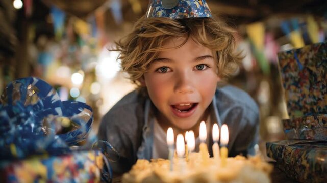A joyful boy in a party hat blows out cake candles amid vibrant decorations and gifts, with excited faces illuminated by the candlelight.