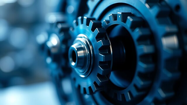 Abstract composition of metallic blue gears against a smooth blurred background, industrial aesthetic.
