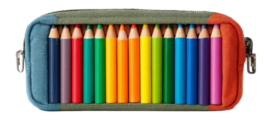 Colorful Pencil Case with a Variety of Colorful Pencils on Transparent Background