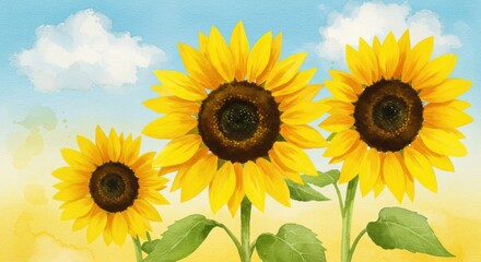 Vibrant sunflowers bloom under a bright blue sky with fluffy white clouds