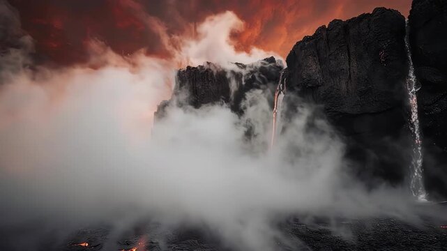 Volcanic cliffs with lava streams & fiery sky