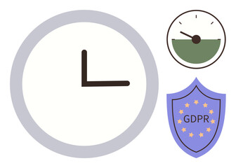 Clock icon representing time, gauge symbolizing progress or deadlines, GDPR shield for security and privacy. Ideal for data compliance, regulations, time management, efficiency, security, deadlines