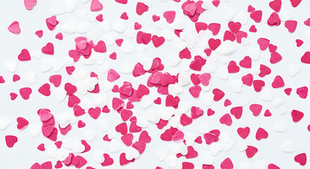 Obraz premium Vibrant pink and delicate white heart-shaped sprinkles scattered on a soft light background, forming a festive texture ideal for romantic celebrations, Valentine's Day, weddings, anniversaries, or swe