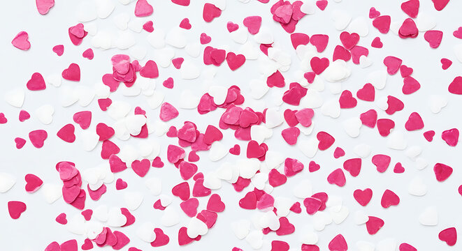 Vibrant pink and delicate white heart-shaped sprinkles scattered on a soft light background, forming a festive texture ideal for romantic celebrations, Valentine's Day, weddings, anniversaries, or swe