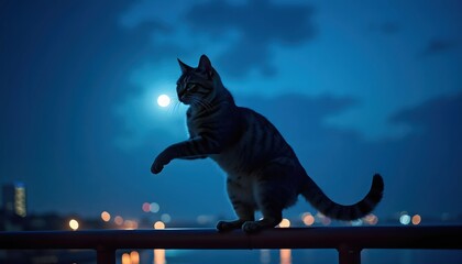 Fearless Feline Walking Along Balcony Railing Illuminated By City Lights