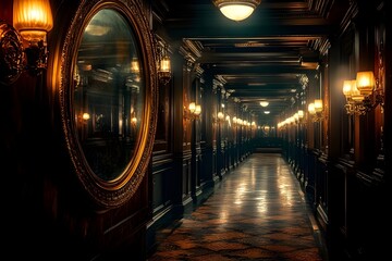 Luxurious dark hallway with golden mirrors and classic wall lamps in atmospheric lighting