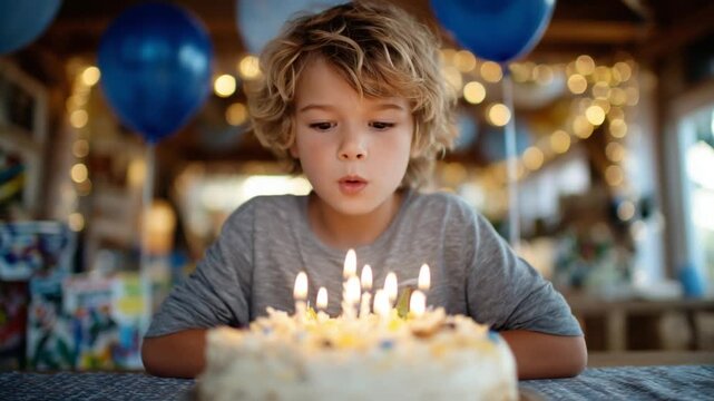 A child eagerly leans over a lit birthday cake, surrounded by festive balloons and streamers.
