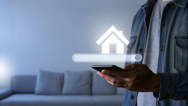 Searching for a new house online using a mobile phone, browsing real estate listings, and finding the perfect home with modern technology