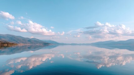 Serene Lake at Dawn Surrounded by Mountains and Reflected Clouds Beneath a Clear Blue Sky