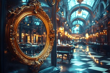 Golden baroque mirror reflecting opulent interior of a luxurious palace or restaurant