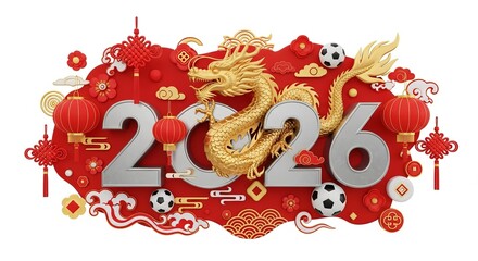 Golden dragon with 2026 numbers and chinese new year decoration isolated on white background