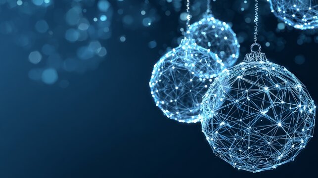 Uturistic wireframe christmas balls in low poly 3d style on blue background featuring glowing lines and digital festive decoration, perfect for modern merry christmas and new year 2026 banner design w