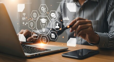 E-learning and online education concept with businessman attending virtual lessons on digital screen, showcasing internet technology for business improvement skill development and learning management.