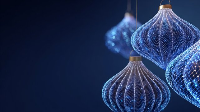 Uturistic wireframe christmas balls in low poly 3d style on blue background featuring glowing lines and digital festive decoration, perfect for modern merry christmas and new year 2026 banner design w