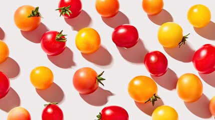 Obraz premium Colorful Cherry Tomatoes Arranged on a White Surface with Shadows Creating a Bright and Fresh Aesthetic