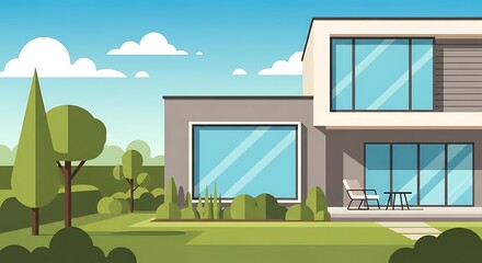 Fototapeta premium Modern House Exterior with Lush Green Garden and Blue Sky.