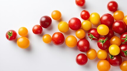 Obraz premium Colorful Assortment of Fresh Cherry Tomatoes on White Background for Healthy Eating and Cooking Inspiration