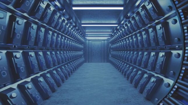 Futuristic tunnel with blue lights and digital patterns, suggesting advanced technology.