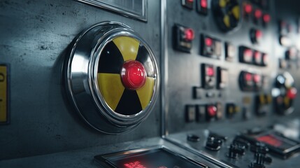 A glowing red radiation button stands out on a control panel, symbolizing danger and urgency. The image conveys tension, power, and high-stakes decisions.