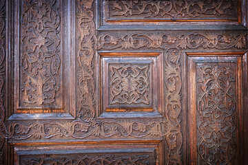 Wooden carved door details in the Hisor fortess Tajikistan