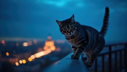 Cat With Glowing Eyes Balancing On Skyscraper Edge Against City Skyline