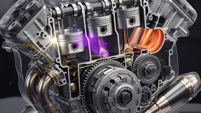Cutaway view of an internal combustion engine, showcasing its intricate components and operation.