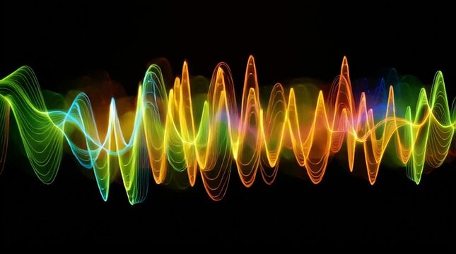 Vibrant sound wave illustration in vivid colors on a dark background.