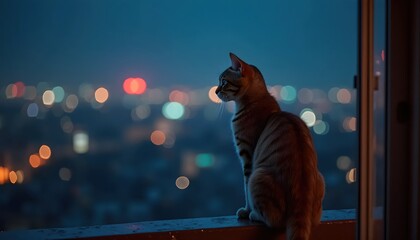 Fearless Feline Gracefully Walking Above Sparkling Urban Landscape