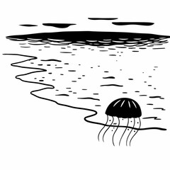 Minimilist a monochrome illustration of a jellyfish on the shore with ocean waves and clouds in the background vector