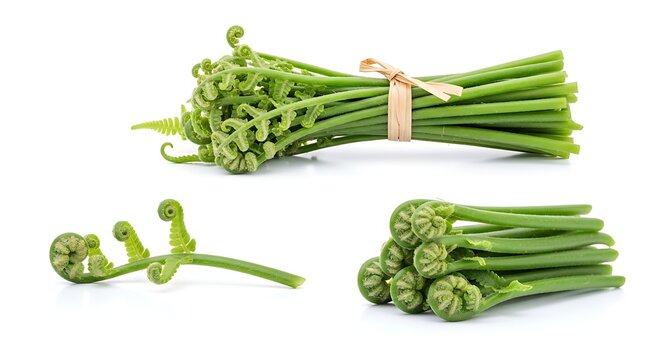 Fresh Fiddlehead Ferns on White Background, Edible Green Vegetable.
