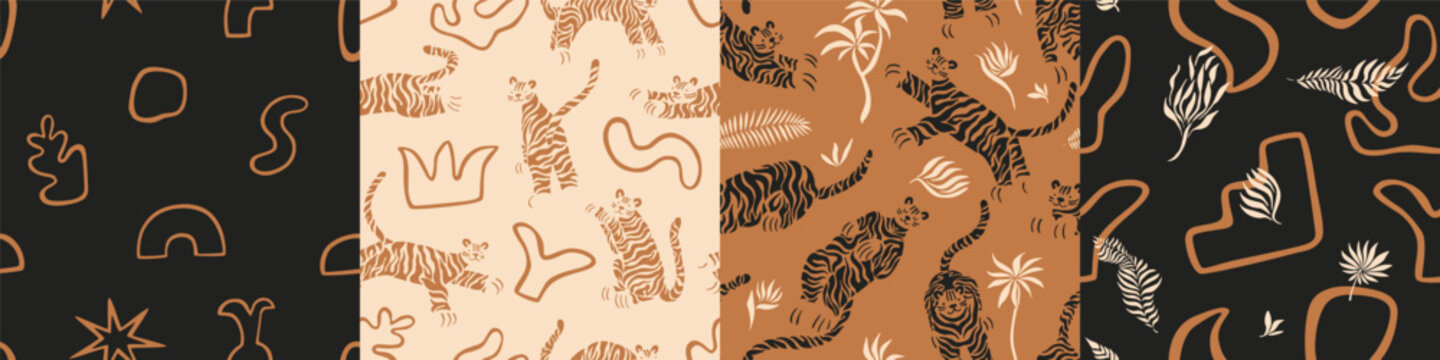 Set of seamless vector patterns. Cute tigers in various poses, abstract simple organic forms, florals, leaves, warm earthy colors. print for textile, fabric, wallpaper. Surface design, fashion