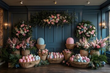 Lavish Easter floral installation with pastel eggs and baskets inside luxury hotel interior