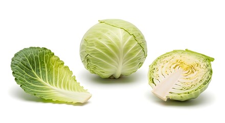 Fototapeta premium Fresh Green Cabbage Whole Halved and Leaf Isolated on White Background.