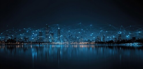 Fototapeta premium A city skyline at night with connected nodes, representing a digital network, reflecting in the water