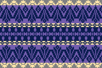 Blue-Purple Tone Traditional Embroidery Art Abstract with Pixel Art Designs for Textile Print