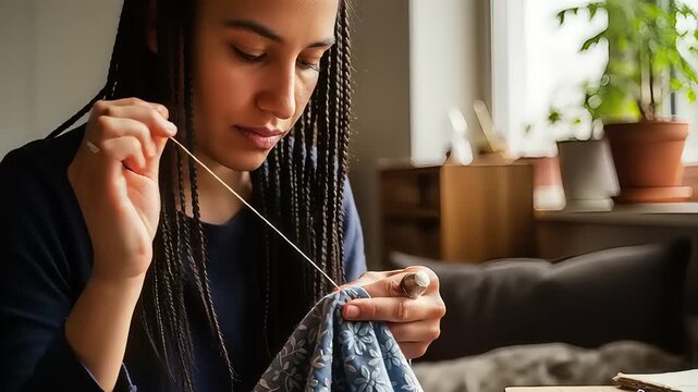 Focused Woman Hand Sewing Fabric at Home Crafting Project.