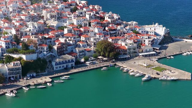 Aerial view of the town of Skopelos island, Sporades, Greece, with harbour and waterfront walk