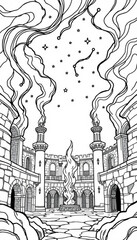 Minimilist illustration of a courtyard with towers, fire, smoke, and stars in a black and white line drawing style vector