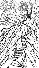 Minimilist a winding staircase leads up a mountain to a castle under fireworks in a black and white illustration vector
