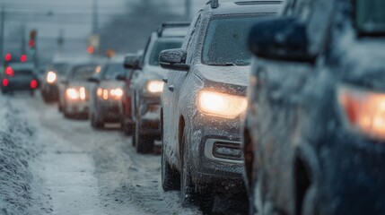 Close-up view of cars stuck in traffic during heavy snowfall. Vehicles covered with snow and ice move slowly on a dangerous winter road in bad weather conditions.