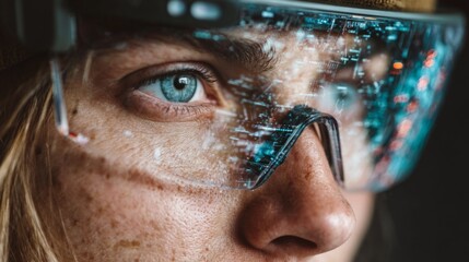Close-up of soldier wearing smart AR visor with digital interface in rain.