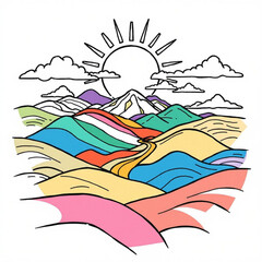 Minimilist illustration of a colorful mountain landscape with a winding road and a shining sun in the background vector