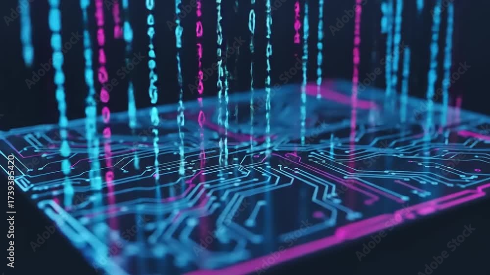 Wall mural Futuristic Technology Circuit Board Data Flow Animation, Tech Data Transfer, Coding Background