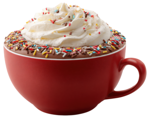 Comforting red mug of hot chocolate with delicious whipped cream and colorful sprinkle. cozy drink and perfect sweet treat for cold winter day, warm and indulgent