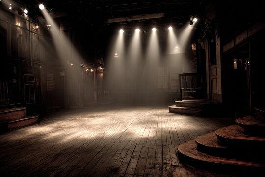 A dim theatre stage bathed in dramatic light, with wooden floorboards and old architecture