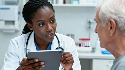 African American female doctor in white coat discusses treatment options with elderly patient, holding tablet in a bright medical office, showcasing patient-centered care and communication