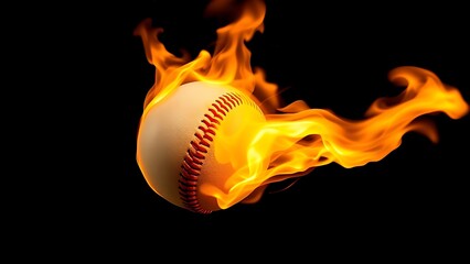 A baseball engulfed in flames against a dark, dramatic background.